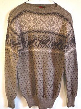 VTG Boston Traders Mens M Brown Wool Knit Fair Isle Reindeer Crewneck Pullover